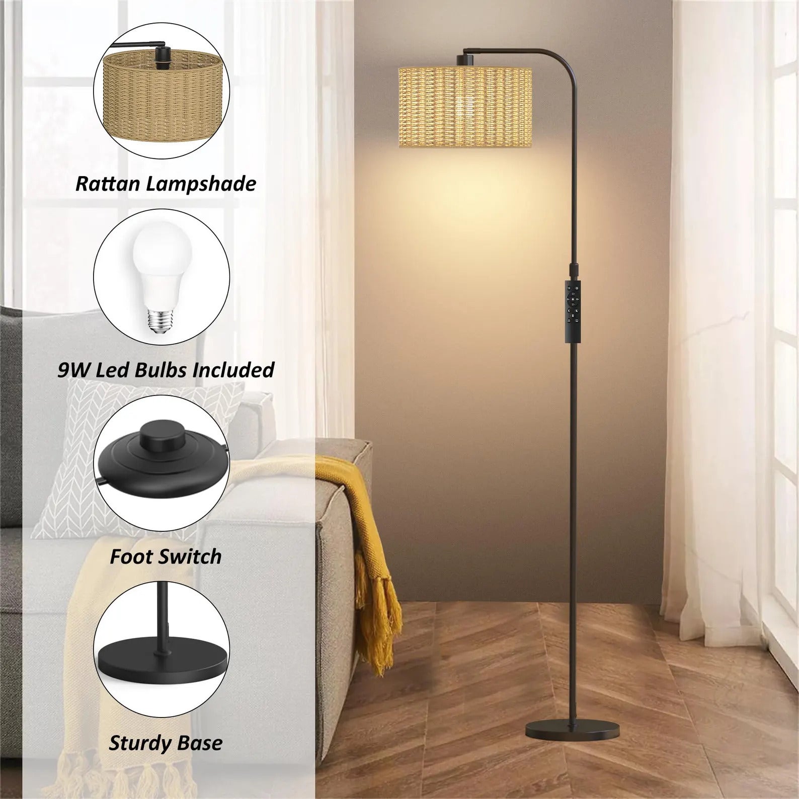 Chic Boho Rattan Floor Lamp: 9W LED Glow with Handy Remote & Foot Switch