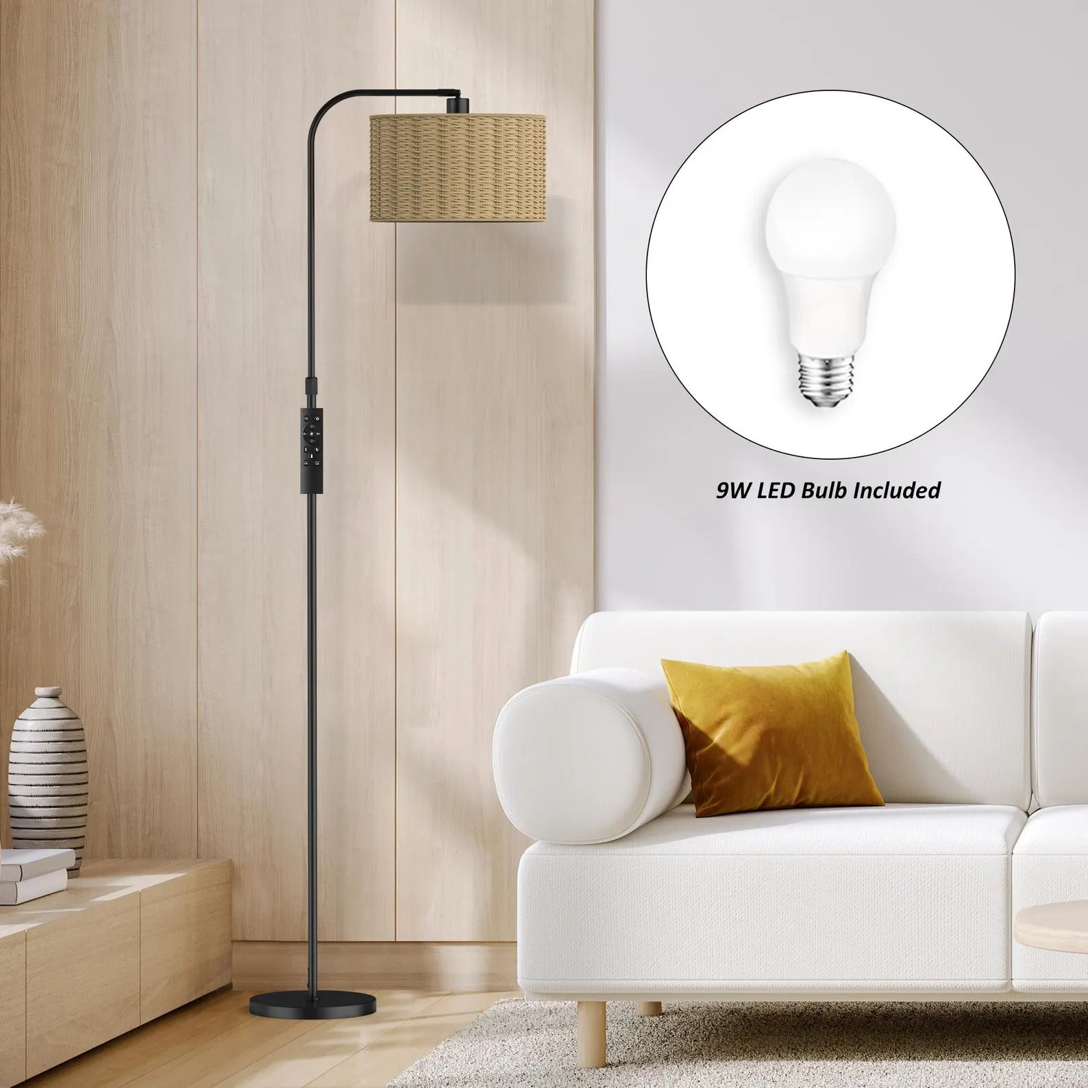 Chic Boho Rattan Floor Lamp: 9W LED Glow with Handy Remote & Foot Switch