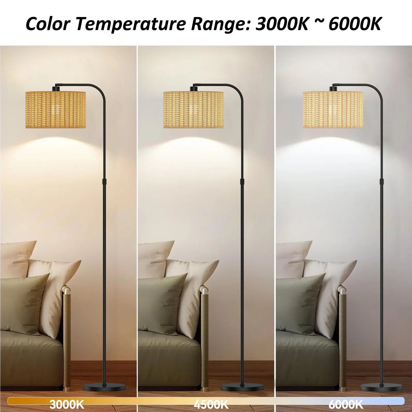 Chic Boho Rattan Floor Lamp: 9W LED Glow with Handy Remote & Foot Switch