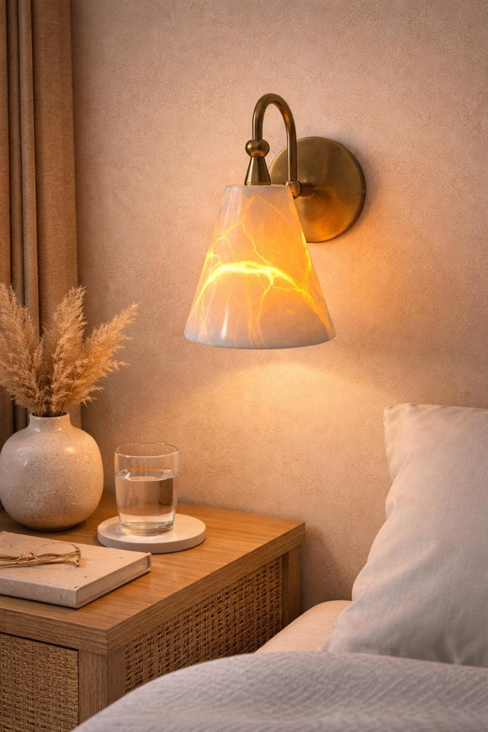 Mid Century Brass Wall Sconce: Alabaster Glass, Handmade Bedroom Light