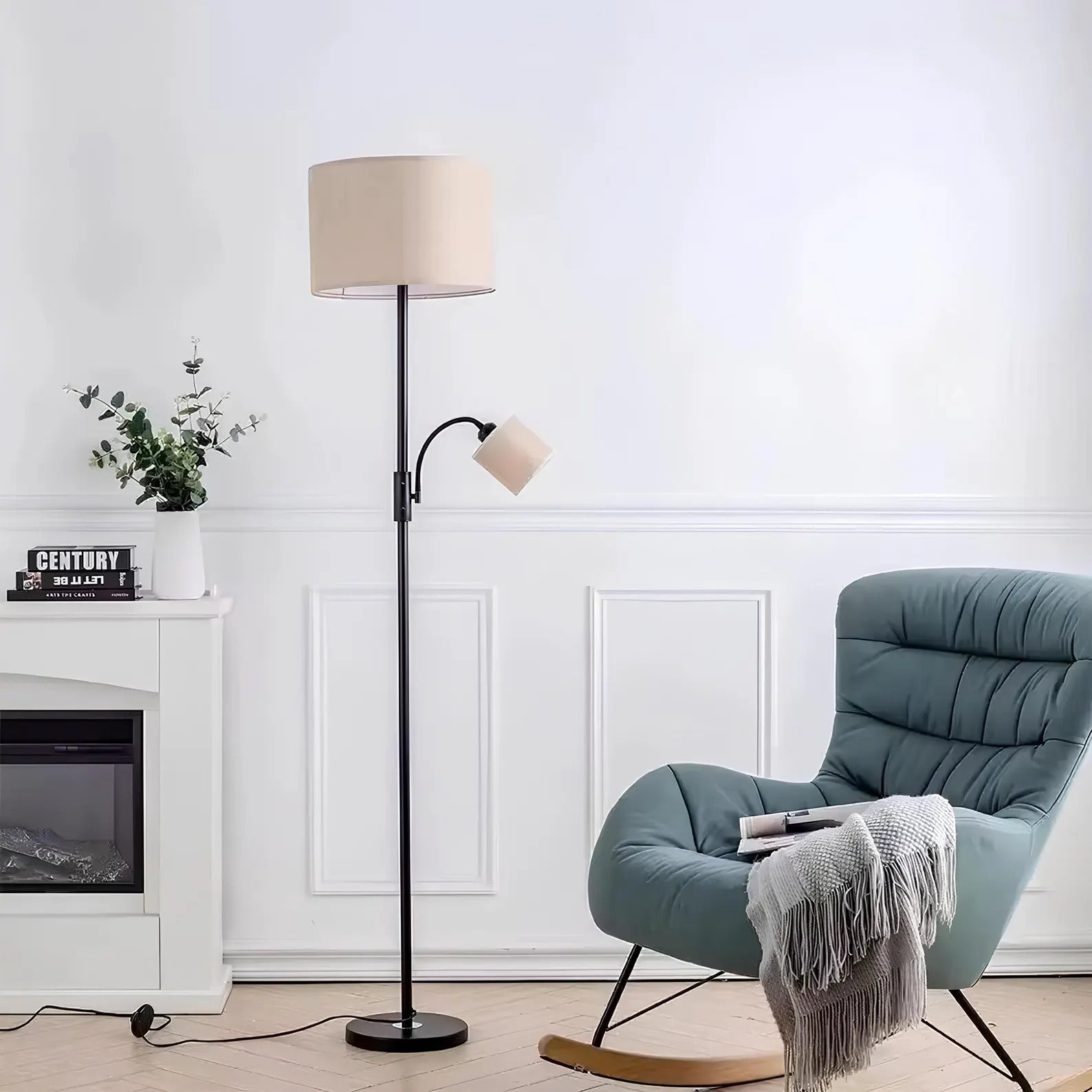 Adjustable Modern Minimalist Floor Lamp - Metal Frame & Khaki Fabric Shade