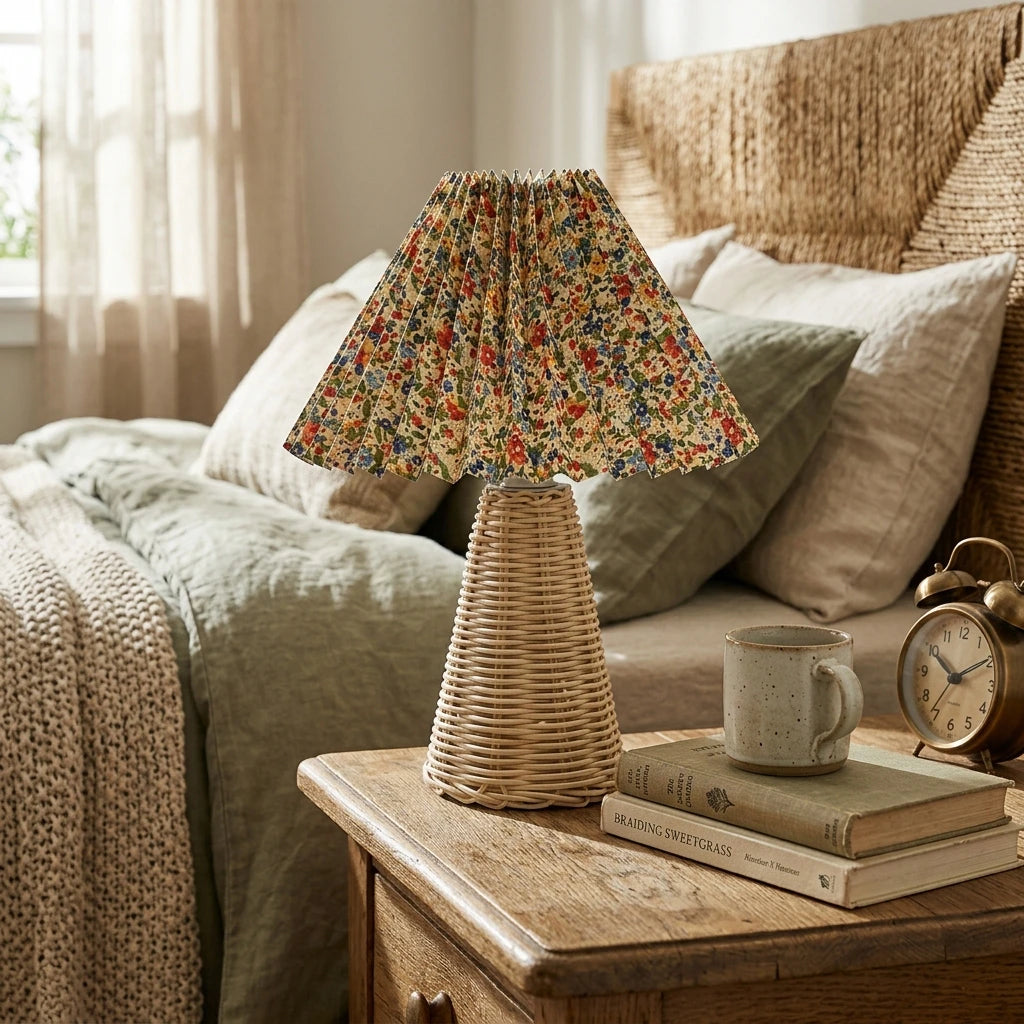 Citylumi Rattan Orb Pleated Table Lamp - Hand-Woven Aesthetic Bedside Light for Coastal Grandma & Boho Cottagecore Decor
