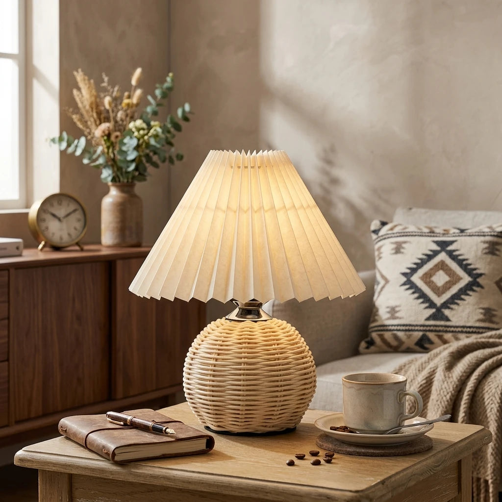 Citylumi Rattan Orb Pleated Table Lamp - Hand-Woven Aesthetic Bedside Light for Coastal Grandma & Boho Cottagecore Decor