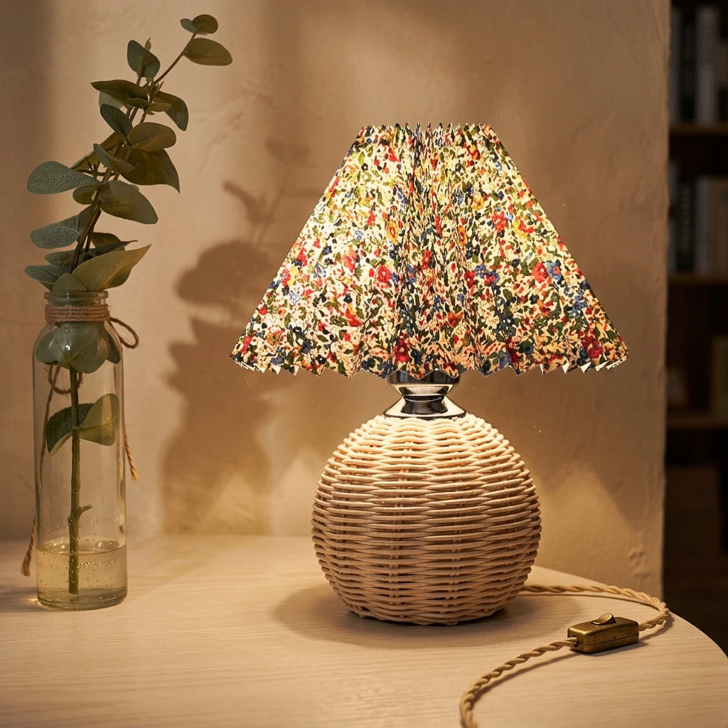 Citylumi Rattan Orb Pleated Table Lamp - Hand-Woven Aesthetic Bedside Light for Coastal Grandma & Boho Cottagecore Decor