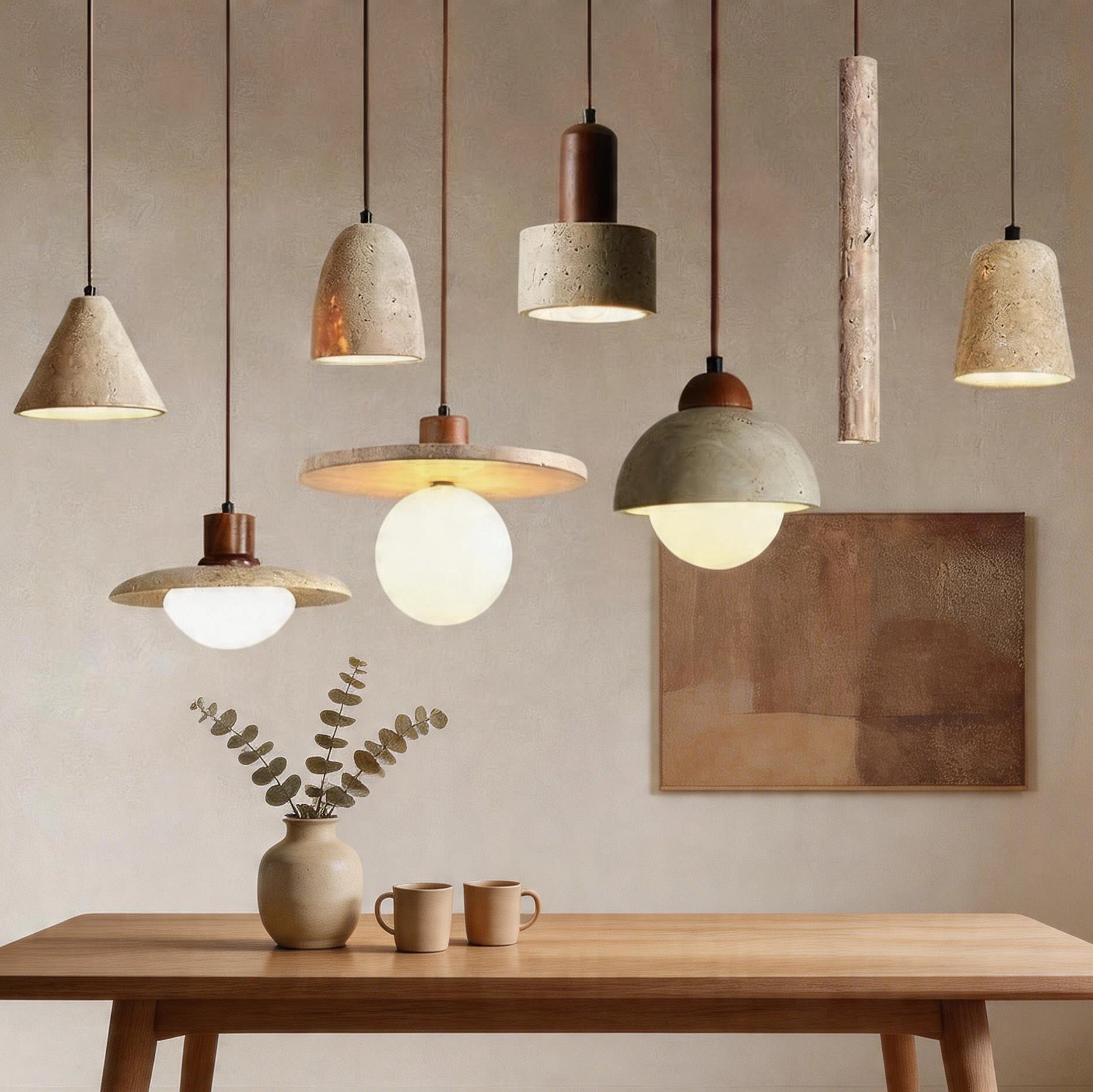 CityLumi Wabi-Sabi Natural Travertine Pendant Light - Organic Yellow Cave Stone Hanging Lamp with Wood Accents for Kitchen Island, Bedside & Dining Room