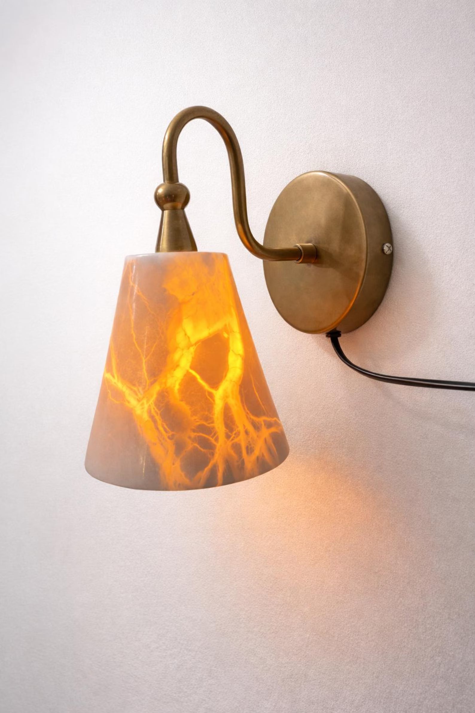 Mid Century Brass Wall Sconce: Alabaster Glass, Handmade Bedroom Light