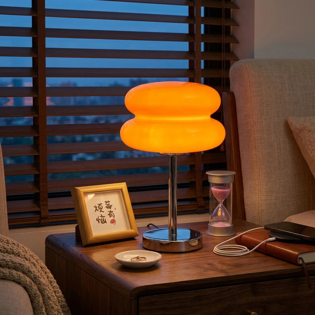 Citylumi Bauhaus "Burger" Glass Table Lamp - Retro Mid-Century Modern Accent Light with Chrome Base | Funky Pop Art Decor for Bedroom & Study