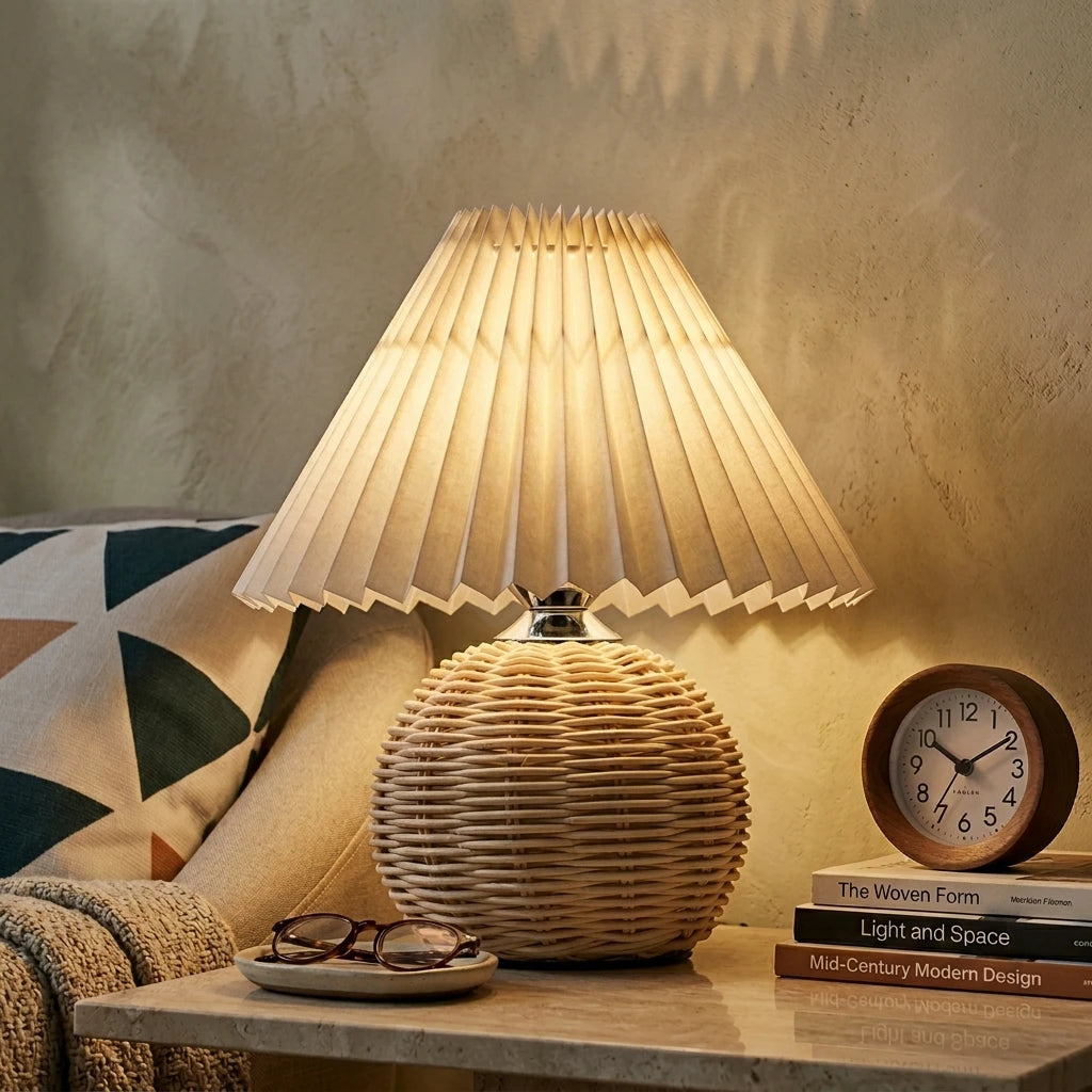 Citylumi Rattan Orb Pleated Table Lamp - Hand-Woven Aesthetic Bedside Light for Coastal Grandma & Boho Cottagecore Decor