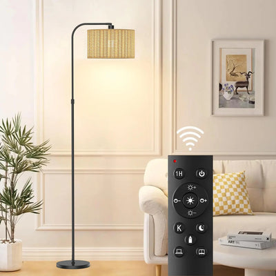 Chic Boho Rattan Floor Lamp: 9W LED Glow with Handy Remote & Foot Switch