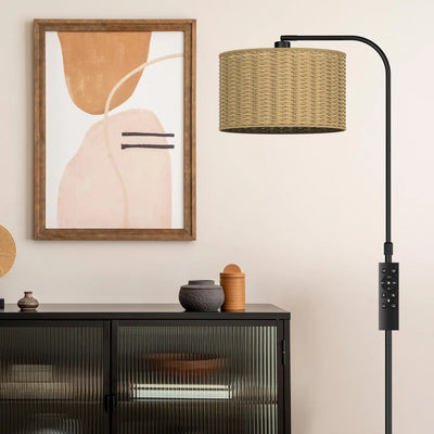 Chic Boho Rattan Floor Lamp: 9W LED Glow with Handy Remote & Foot Switch