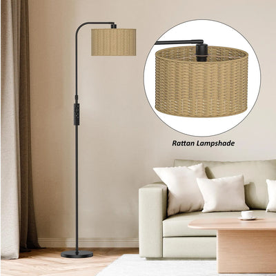 Chic Boho Rattan Floor Lamp: 9W LED Glow with Handy Remote & Foot Switch