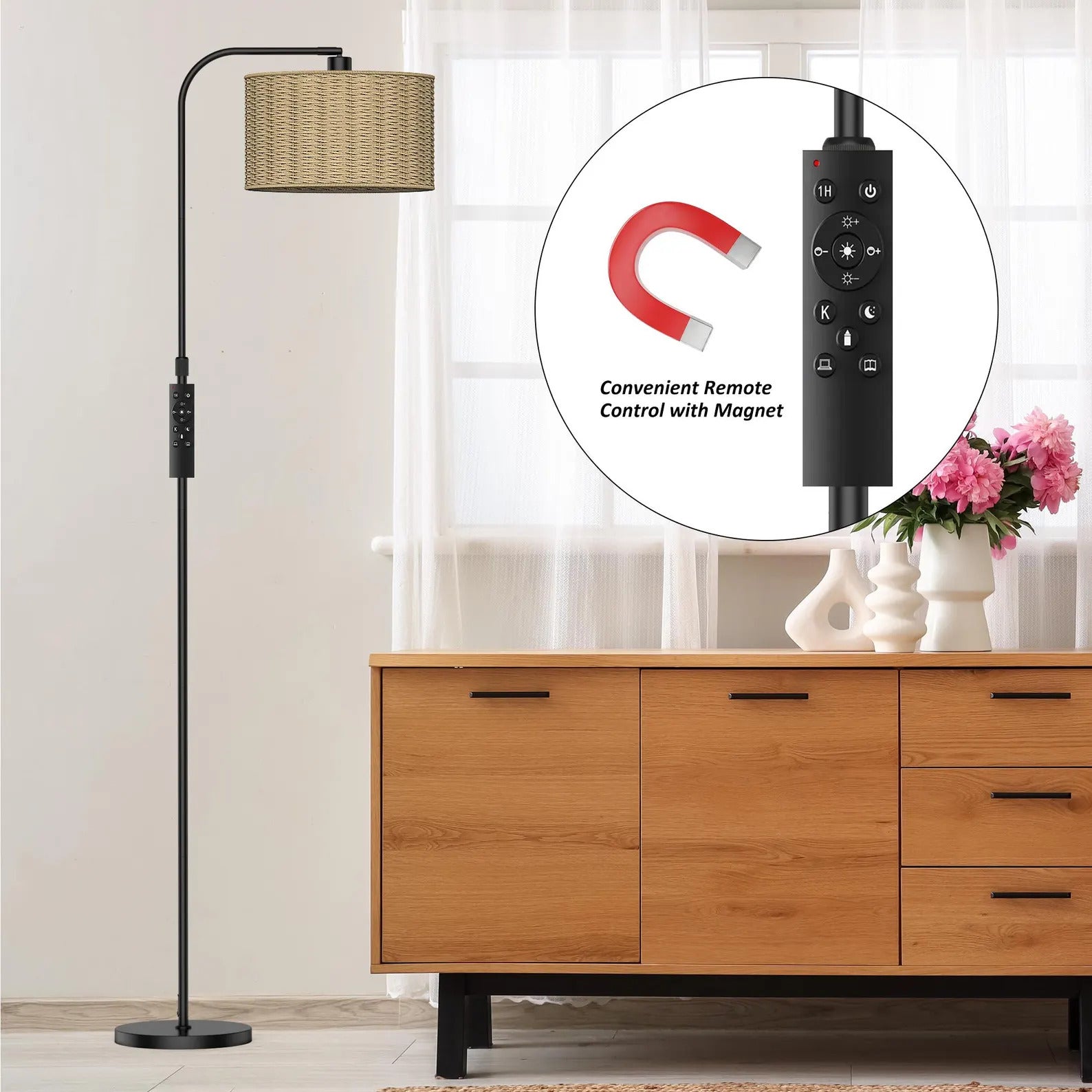 Chic Boho Rattan Floor Lamp: 9W LED Glow with Handy Remote & Foot Switch