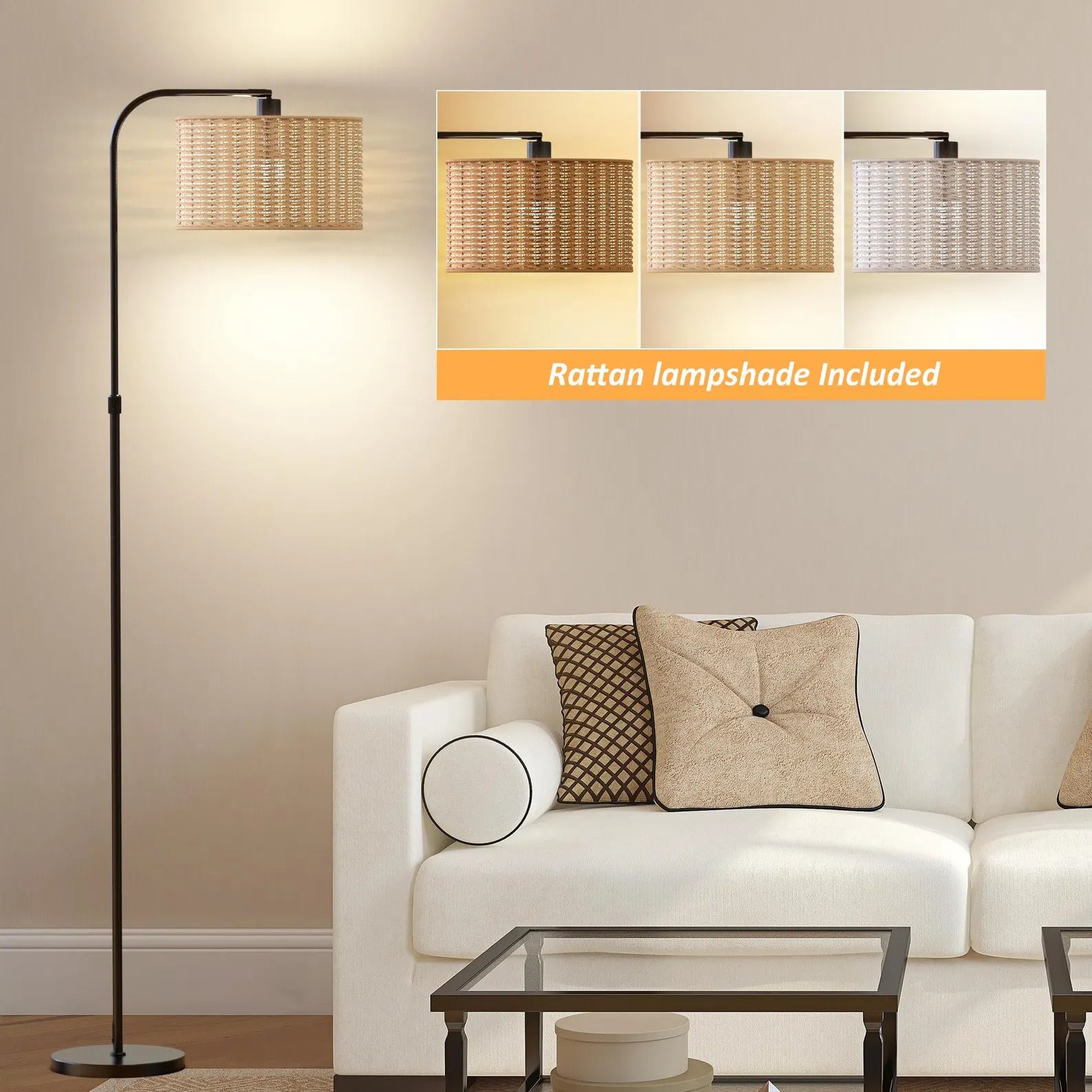 Chic Boho Rattan Floor Lamp: 9W LED Glow with Handy Remote & Foot Switch