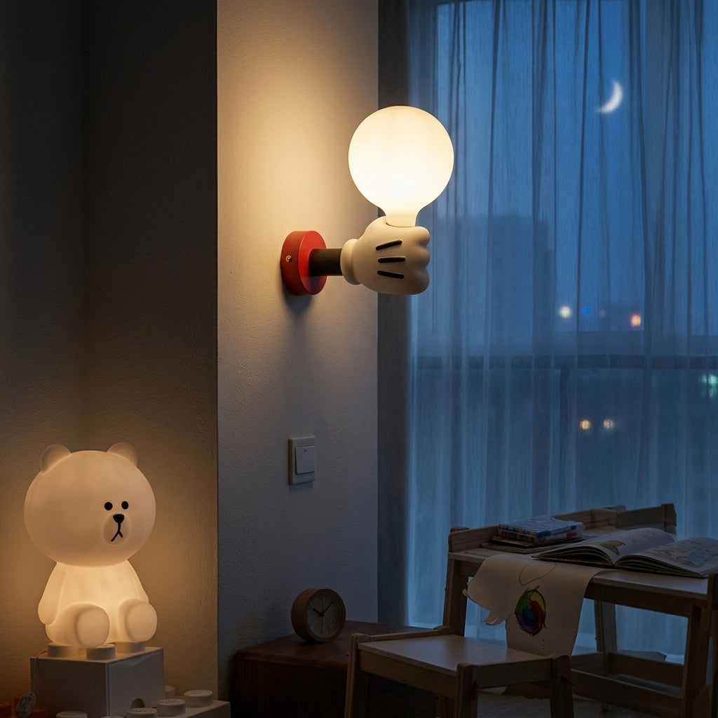 Citylumi Comic-Hand Wall Sconce - Playful Mickey-Inspired Resin Wall Lamp for Nursery, Kids Room & Pop-Art Decor (3-Color Dimmable LED)
