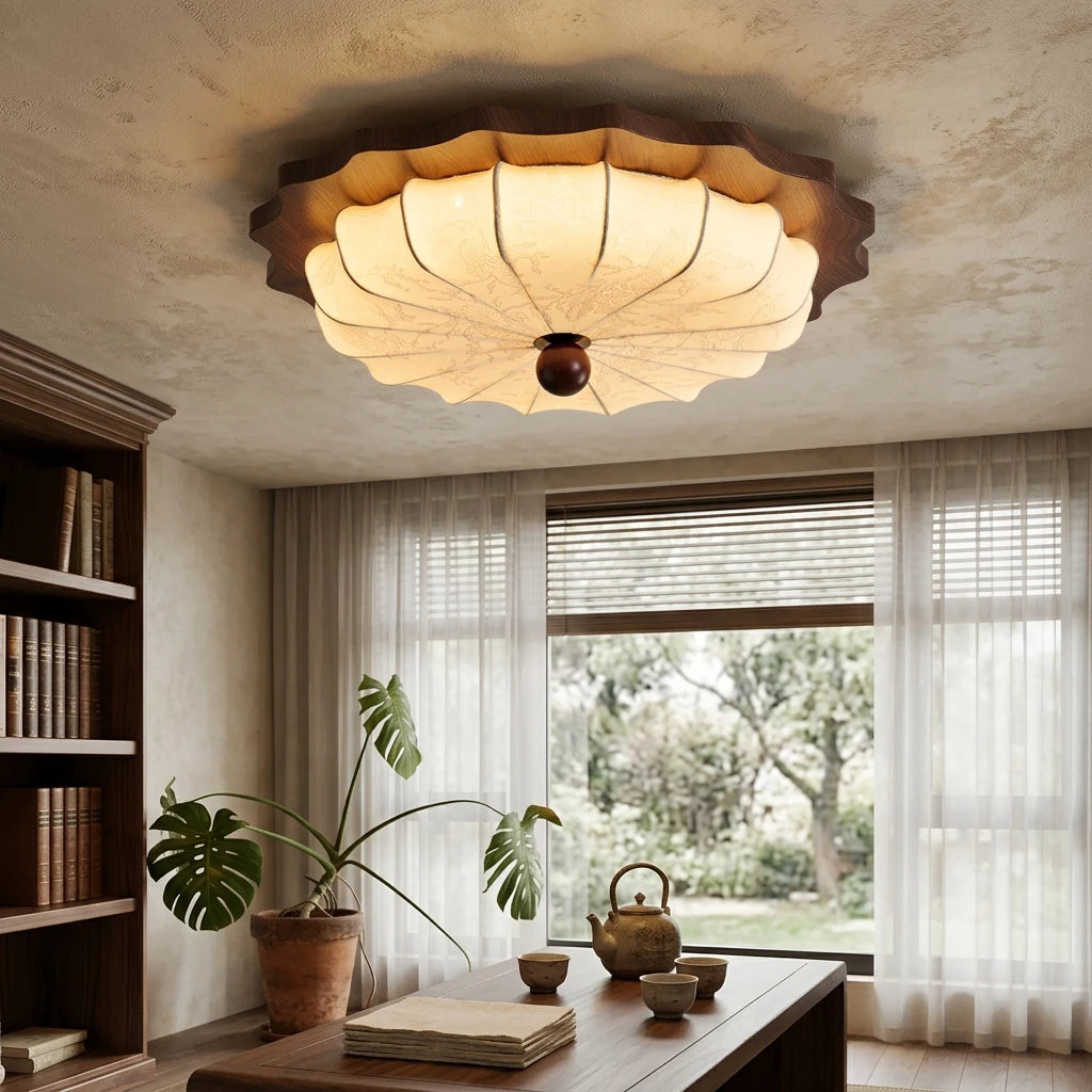 Citylumi French Mid-Century Scalloped Ceiling Light - Retro Walnut & Pleated Fabric Flush Mount Lamp for Master Bedroom, Nursery & Organic Modern Decor (Full Spectrum LED)