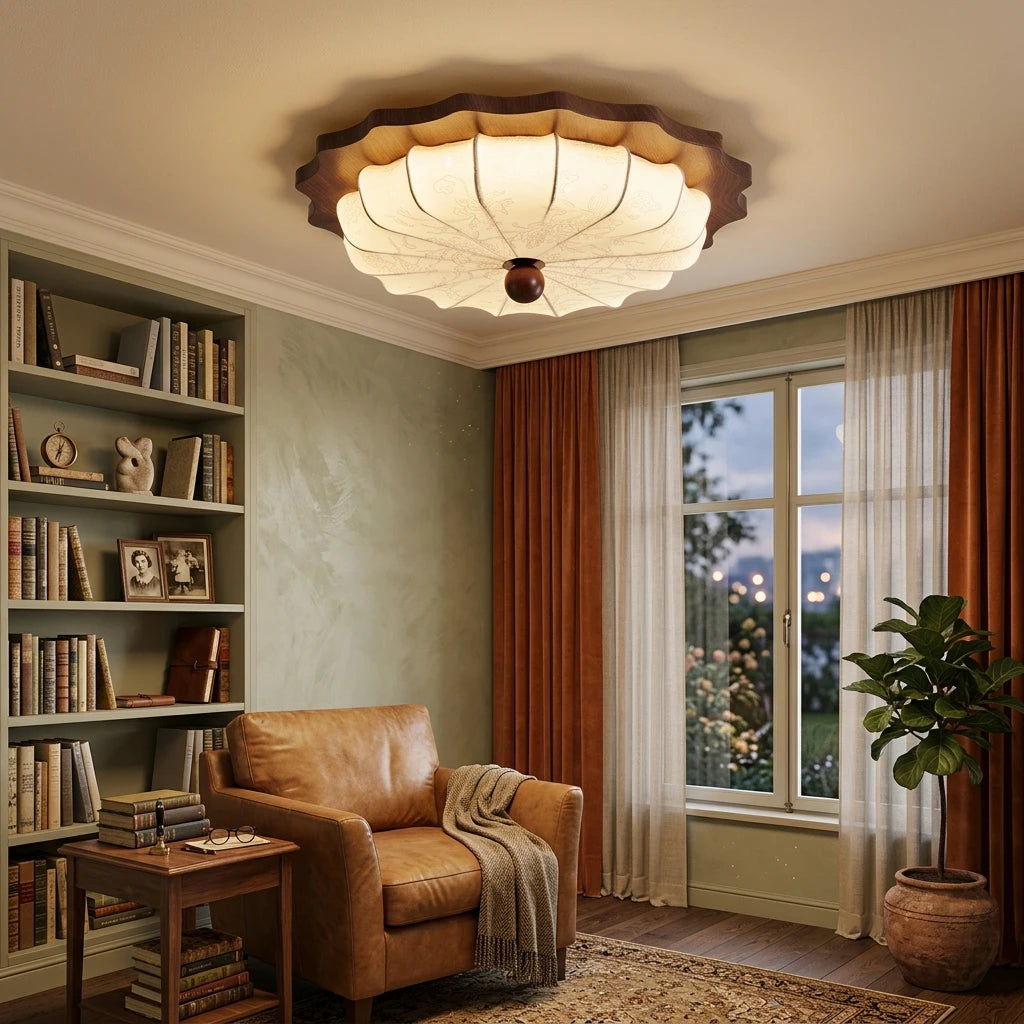 Citylumi French Mid-Century Scalloped Ceiling Light - Retro Walnut & Pleated Fabric Flush Mount Lamp for Master Bedroom, Nursery & Organic Modern Decor (Full Spectrum LED)