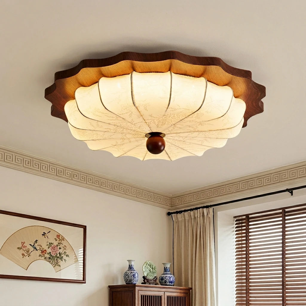 Citylumi French Mid-Century Scalloped Ceiling Light - Retro Walnut & Pleated Fabric Flush Mount Lamp for Master Bedroom, Nursery & Organic Modern Decor (Full Spectrum LED)