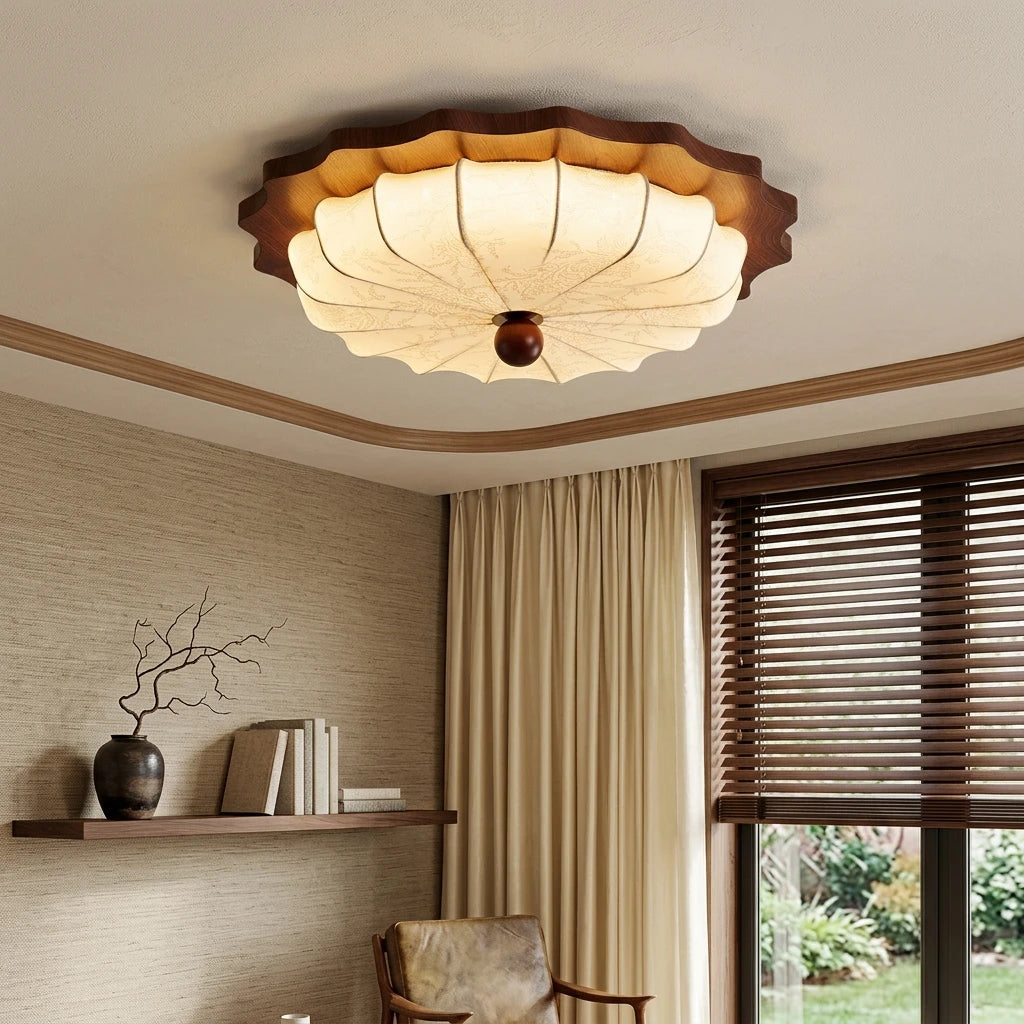 Citylumi French Mid-Century Scalloped Ceiling Light - Retro Walnut & Pleated Fabric Flush Mount Lamp for Master Bedroom, Nursery & Organic Modern Decor (Full Spectrum LED)