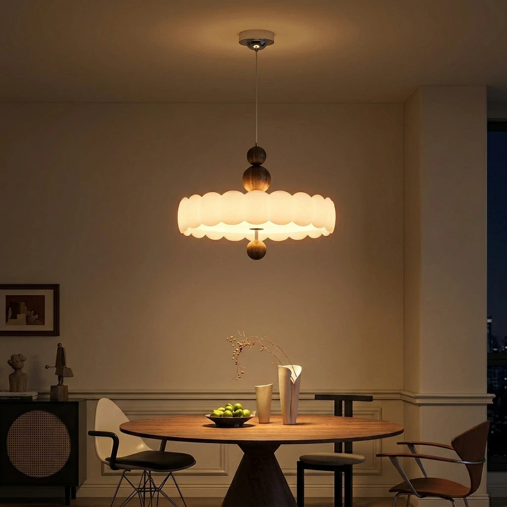 Citylumi French Mid-Century Scalloped Pendant Light - Retro Creamy Wavy Chandelier with Wooden Accents, High CRI (Ra≥97) Full Spectrum LED for Dining Room & Kitchen Island