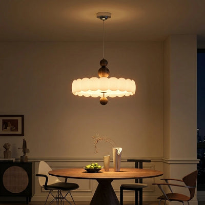 Citylumi French Mid-Century Scalloped Pendant Light - Retro Creamy Wavy Chandelier with Wooden Accents, High CRI (Ra≥97) Full Spectrum LED for Dining Room & Kitchen Island