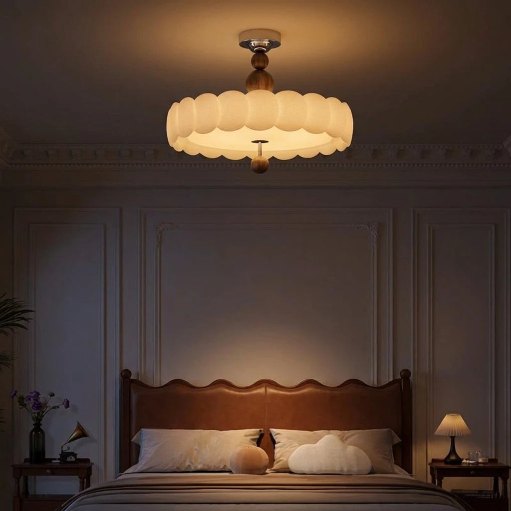 Citylumi French Mid-Century Scalloped Pendant Light - Retro Creamy Wavy Chandelier with Wooden Accents, High CRI (Ra≥97) Full Spectrum LED for Dining Room & Kitchen Island