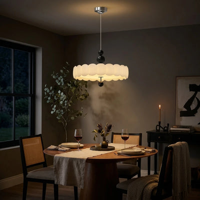 Citylumi French Mid-Century Scalloped Pendant Light - Retro Creamy Wavy Chandelier with Wooden Accents, High CRI (Ra≥97) Full Spectrum LED for Dining Room & Kitchen Island