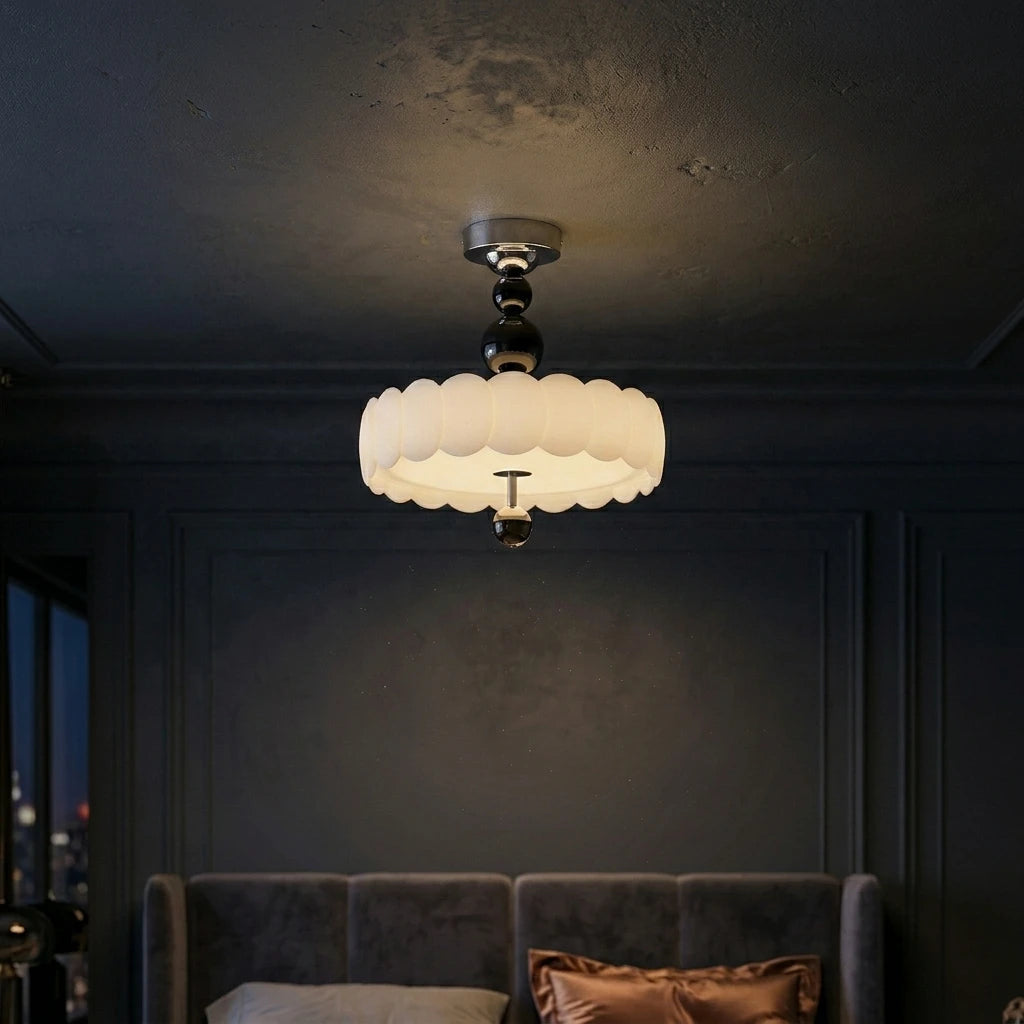 Citylumi French Mid-Century Scalloped Pendant Light - Retro Creamy Wavy Chandelier with Wooden Accents, High CRI (Ra≥97) Full Spectrum LED for Dining Room & Kitchen Island