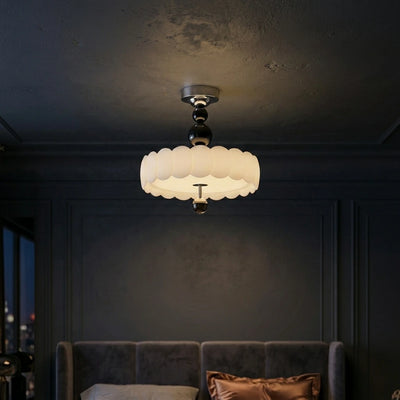 Citylumi French Mid-Century Scalloped Pendant Light - Retro Creamy Wavy Chandelier with Wooden Accents, High CRI (Ra≥97) Full Spectrum LED for Dining Room & Kitchen Island