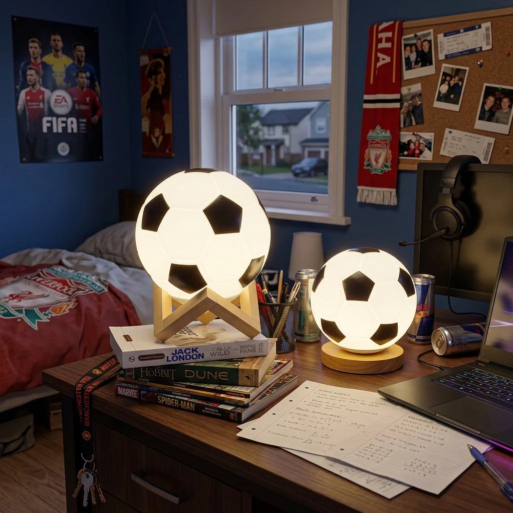 CityLumi Goal-Glance Soccer Ball Glass Night Light - 3D Sports Fan Atmosphere Lamp with Minimalist Wooden Base, Remote Control & Rechargeable Cordless Options