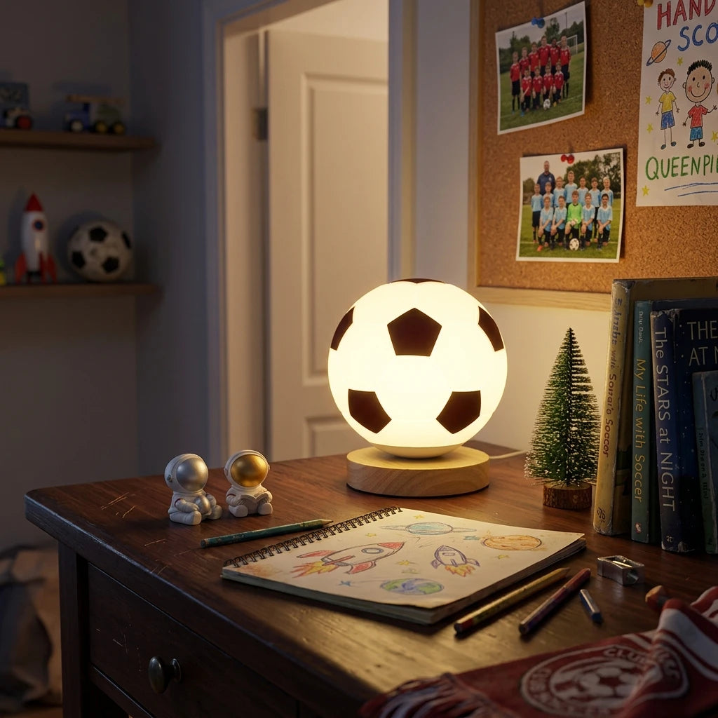 CityLumi Goal-Glance Soccer Ball Glass Night Light - 3D Sports Fan Atmosphere Lamp with Minimalist Wooden Base, Remote Control & Rechargeable Cordless Options