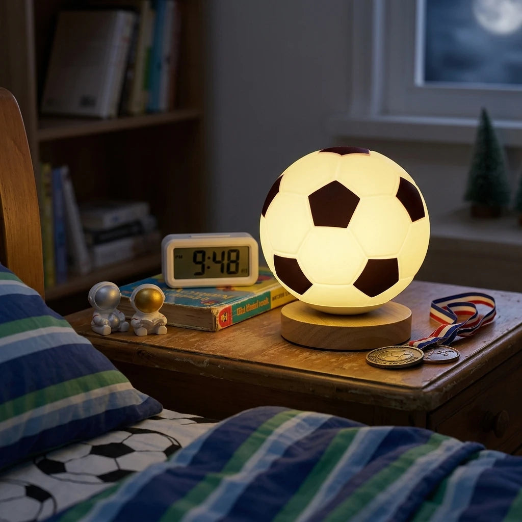 CityLumi Goal-Glance Soccer Ball Glass Night Light - 3D Sports Fan Atmosphere Lamp with Minimalist Wooden Base, Remote Control & Rechargeable Cordless Options