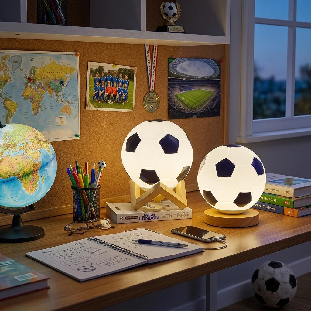 CityLumi Goal-Glance Soccer Ball Glass Night Light - 3D Sports Fan Atmosphere Lamp with Minimalist Wooden Base, Remote Control & Rechargeable Cordless Options