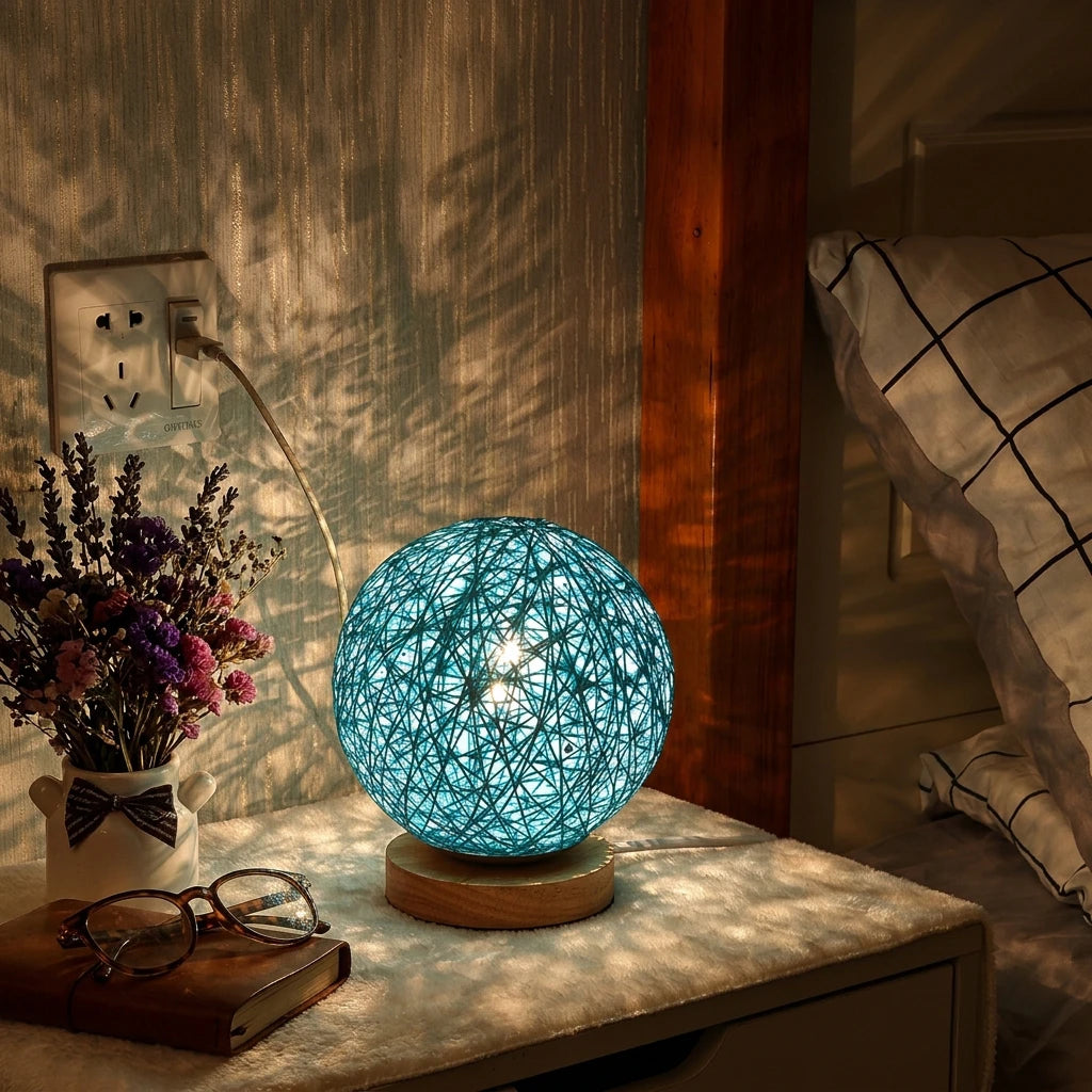 Citylumi Hand-Woven Hemp Ball Night Light - Aesthetic Rattan Sphere Table Lamp with Solid Wood Base for Nursery, Bedroom & Meditation (USB/Rechargeable)