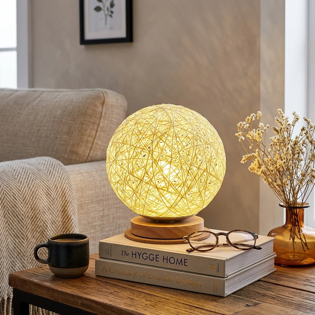 Citylumi Hand-Woven Hemp Ball Night Light - Aesthetic Rattan Sphere Table Lamp with Solid Wood Base for Nursery, Bedroom & Meditation (USB/Rechargeable)