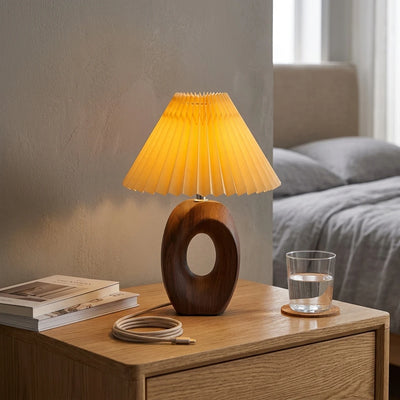 Citylumi Mid-Century Modern Hollow Ceramic Table Lamp - Aesthetic Pleated Shade Bedside Light with Sculptural Donut Base for Nordic & Japandi Decor (USB/US Plug)