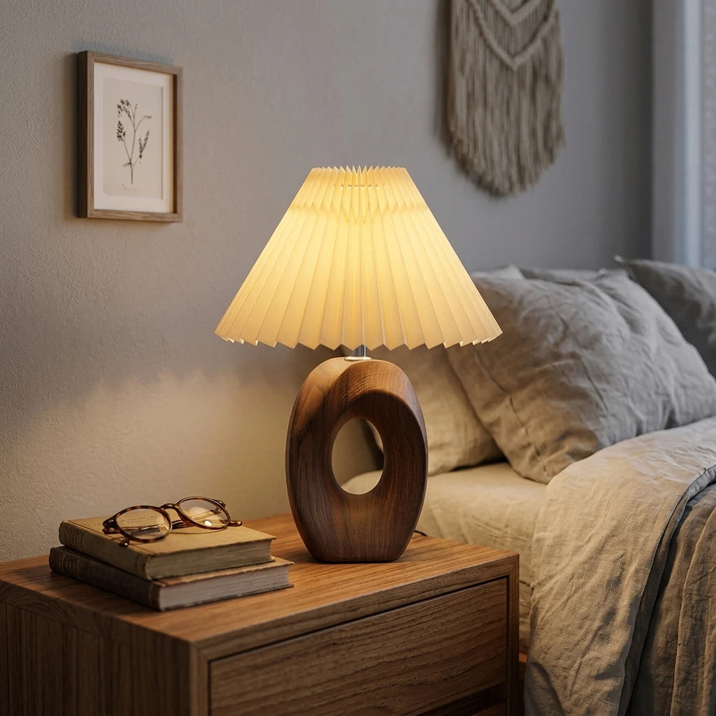 Citylumi Mid-Century Modern Hollow Ceramic Table Lamp - Aesthetic Pleated Shade Bedside Light with Sculptural Donut Base for Nordic & Japandi Decor (USB/US Plug)