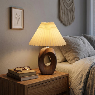 Citylumi Mid-Century Modern Hollow Ceramic Table Lamp - Aesthetic Pleated Shade Bedside Light with Sculptural Donut Base for Nordic & Japandi Decor (USB/US Plug)