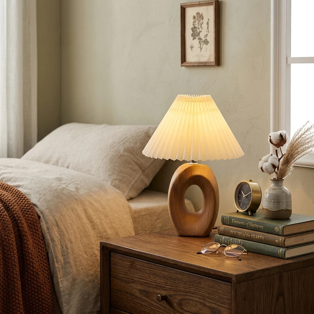 Citylumi Mid-Century Modern Hollow Ceramic Table Lamp - Aesthetic Pleated Shade Bedside Light with Sculptural Donut Base for Nordic & Japandi Decor (USB/US Plug)