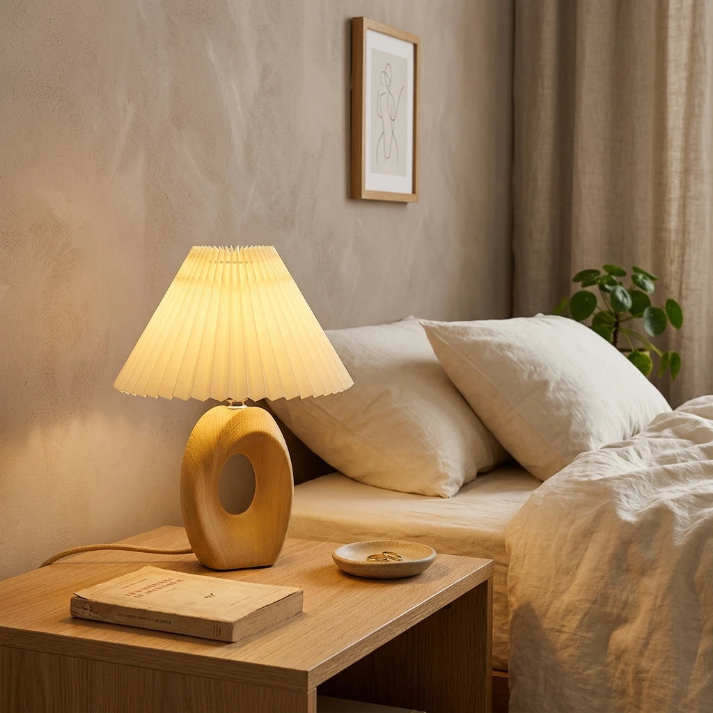 Citylumi Mid-Century Modern Hollow Ceramic Table Lamp - Aesthetic Pleated Shade Bedside Light with Sculptural Donut Base for Nordic & Japandi Decor (USB/US Plug)