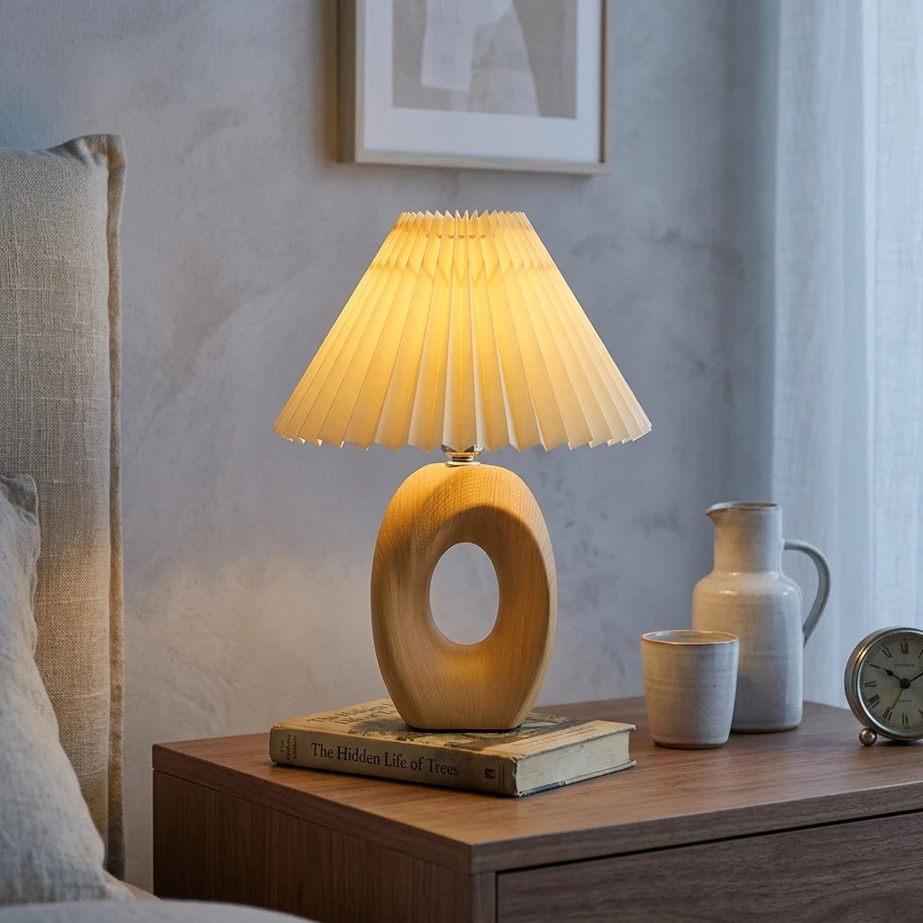 Citylumi Mid-Century Modern Hollow Ceramic Table Lamp - Aesthetic Pleated Shade Bedside Light with Sculptural Donut Base for Nordic & Japandi Decor (USB/US Plug)