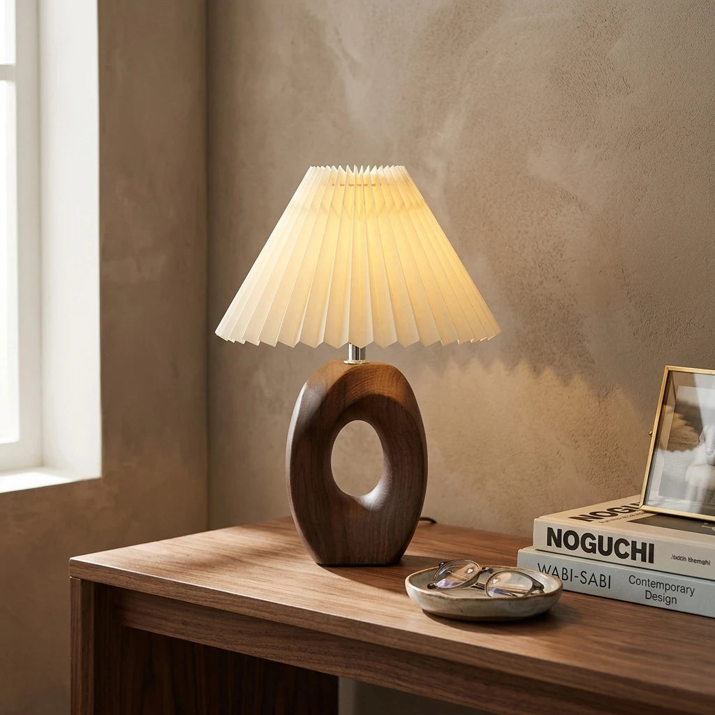 Citylumi Mid-Century Modern Hollow Ceramic Table Lamp - Aesthetic Pleated Shade Bedside Light with Sculptural Donut Base for Nordic & Japandi Decor (USB/US Plug)