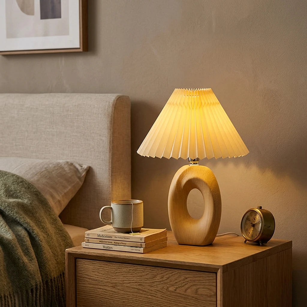 Citylumi Mid-Century Modern Hollow Ceramic Table Lamp - Aesthetic Pleated Shade Bedside Light with Sculptural Donut Base for Nordic & Japandi Decor (USB/US Plug)