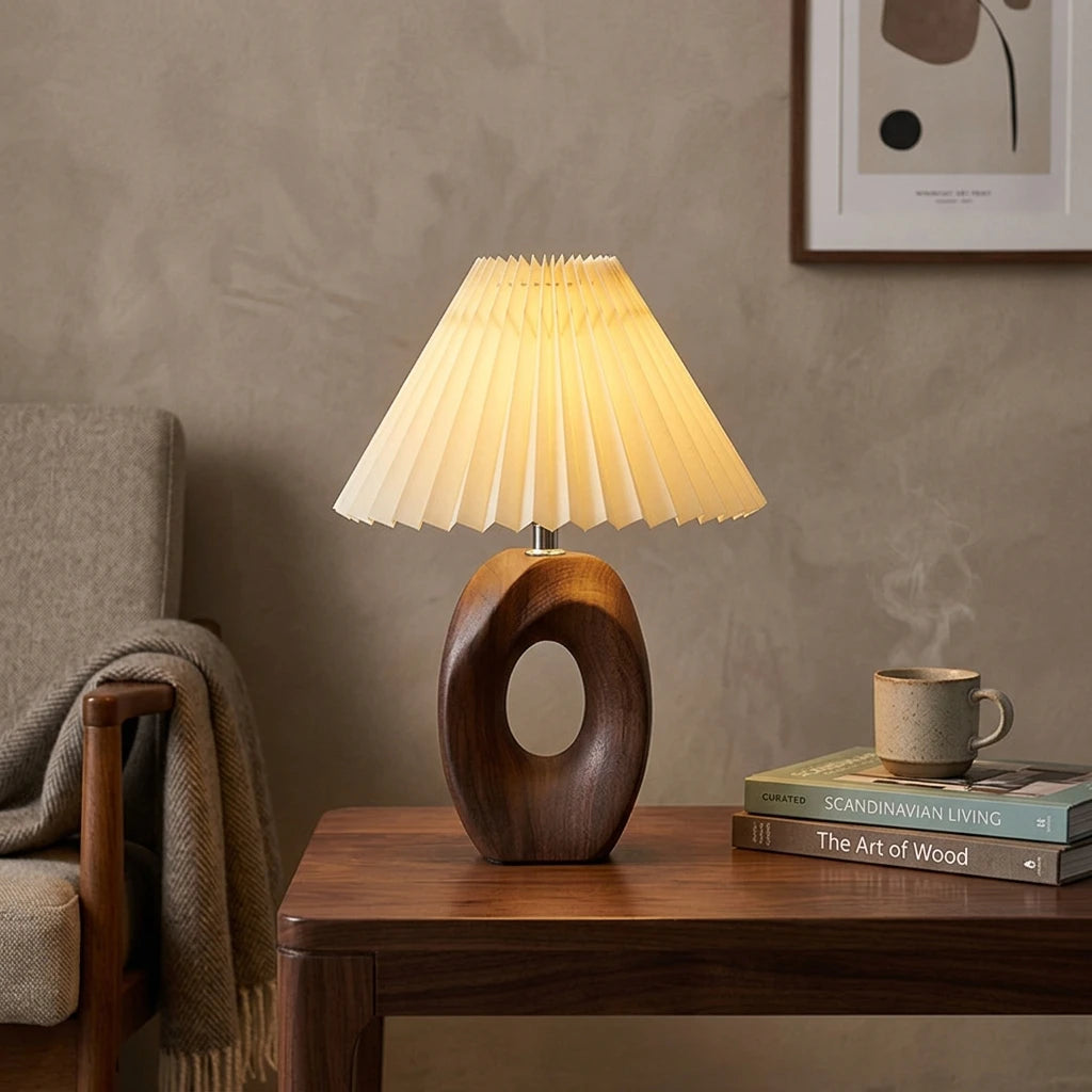 Citylumi Mid-Century Modern Hollow Ceramic Table Lamp - Aesthetic Pleated Shade Bedside Light with Sculptural Donut Base for Nordic & Japandi Decor (USB/US Plug)