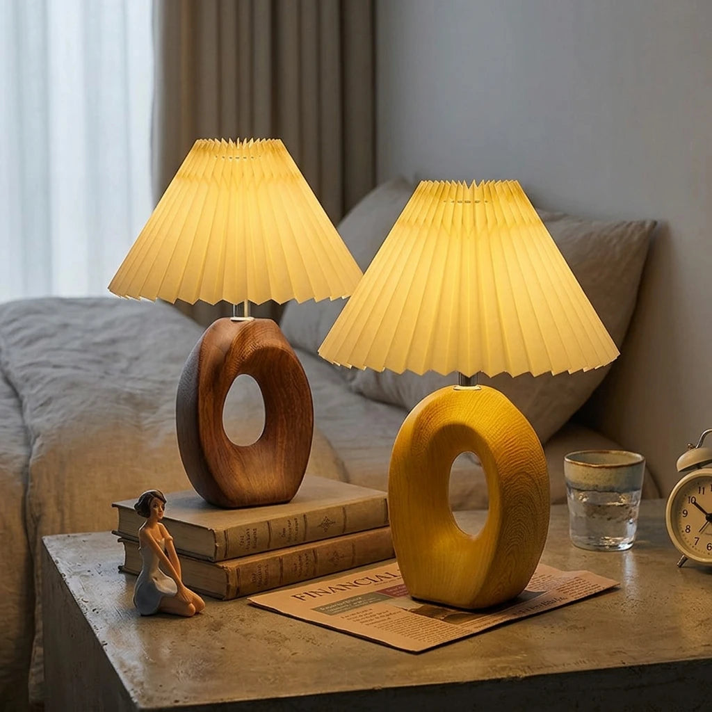 Citylumi Mid-Century Modern Hollow Ceramic Table Lamp - Aesthetic Pleated Shade Bedside Light with Sculptural Donut Base for Nordic & Japandi Decor (USB/US Plug)
