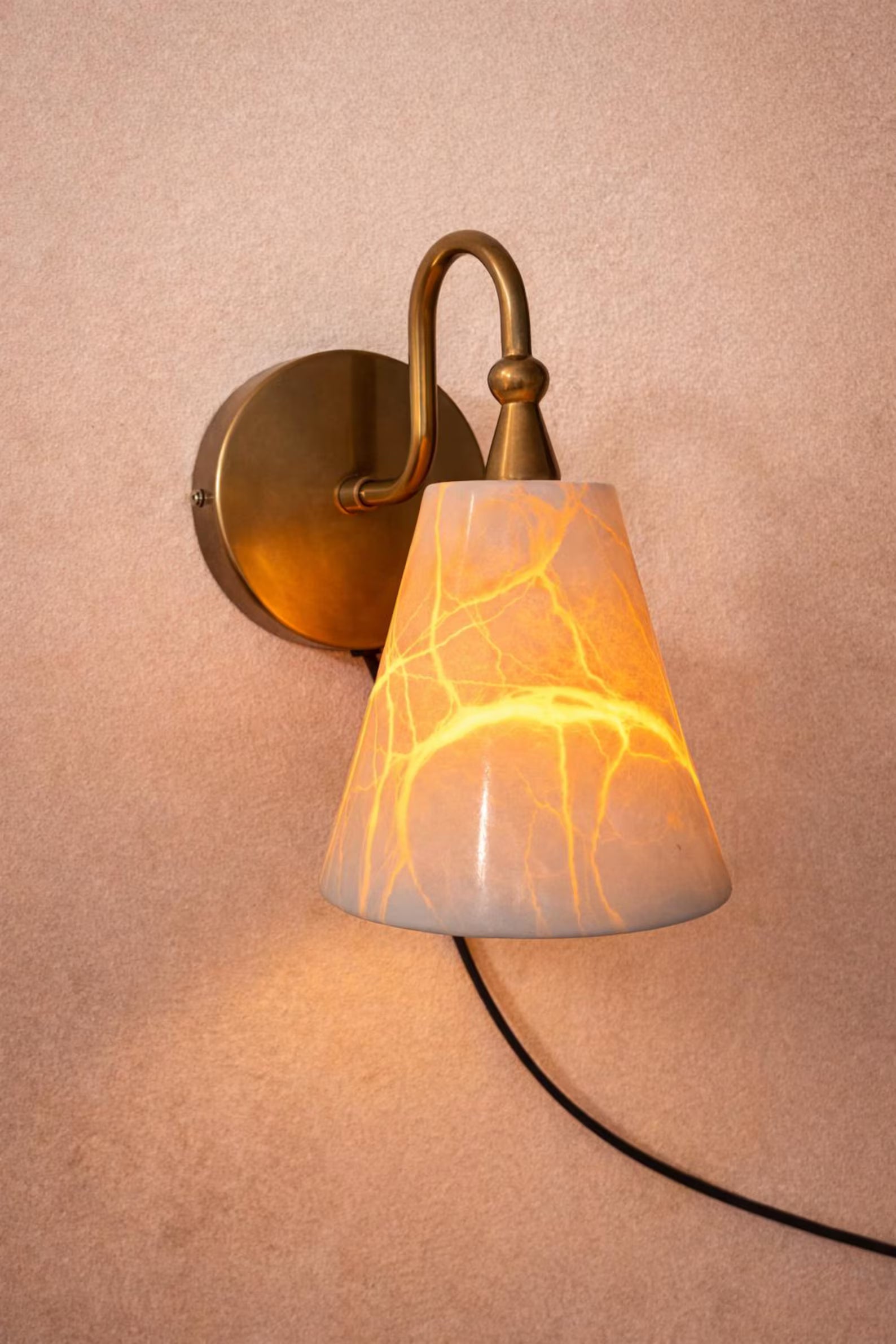 Mid Century Brass Wall Sconce: Alabaster Glass, Handmade Bedroom Light