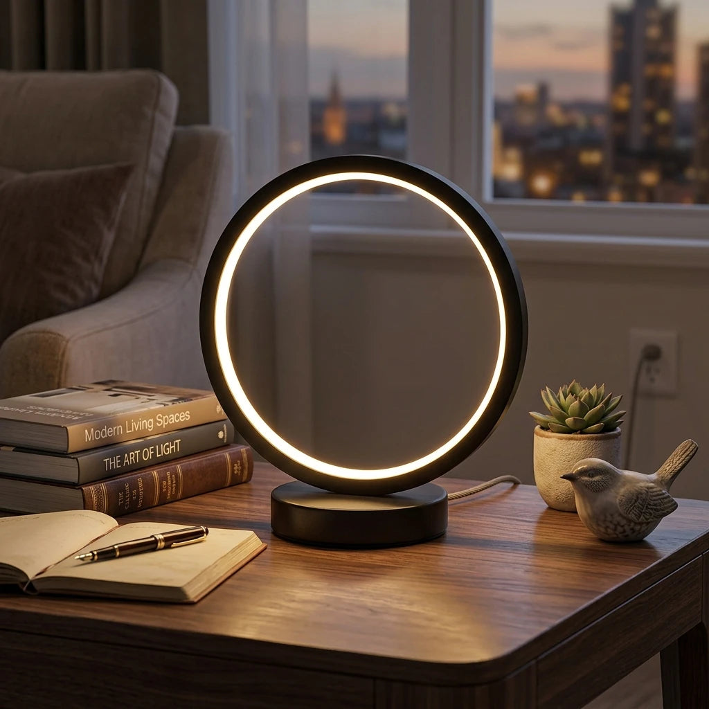 Citylumi Minimalist Halo LED Table Lamp - Modern Circular Ring Bedside Light with Smart Dimming & Remote Control for Bedroom, Office & Dorm Decor