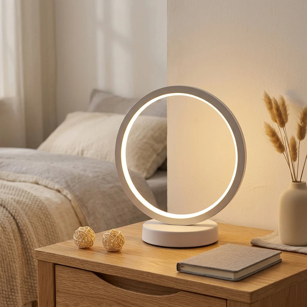 Citylumi Minimalist Halo LED Table Lamp - Modern Circular Ring Bedside Light with Smart Dimming & Remote Control for Bedroom, Office & Dorm Decor