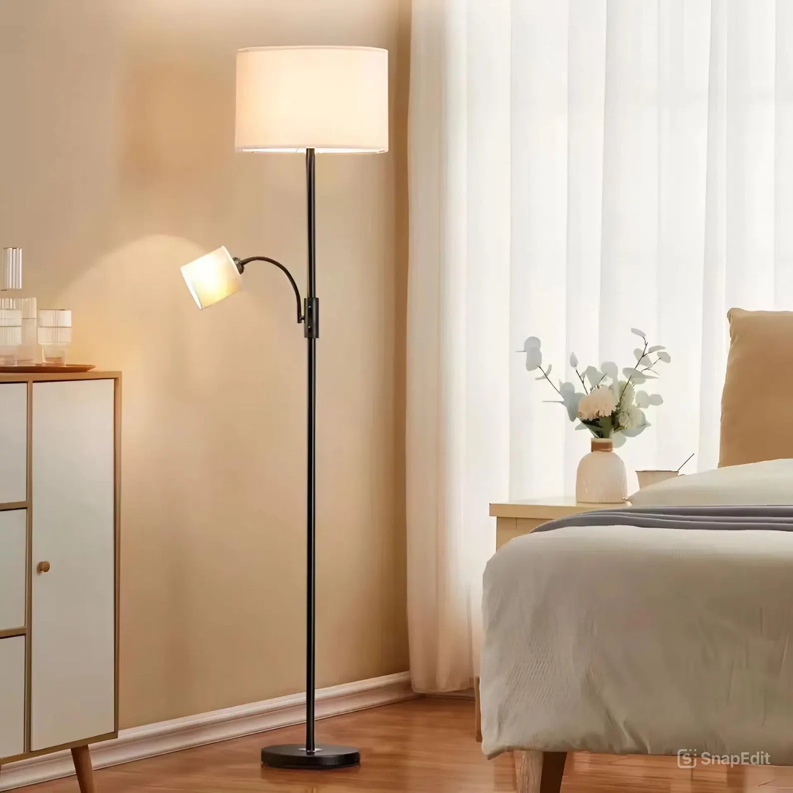 Adjustable Modern Minimalist Floor Lamp - Metal Frame & Khaki Fabric Shade