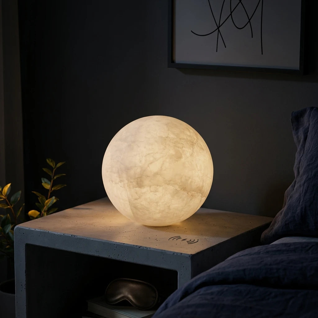 Citylumi Moonlight Orb - Handcrafted Natural Spanish Alabaster Night Light, Wireless Rechargeable Tap-Control Ambient Lamp for Bedside & Zen Decor