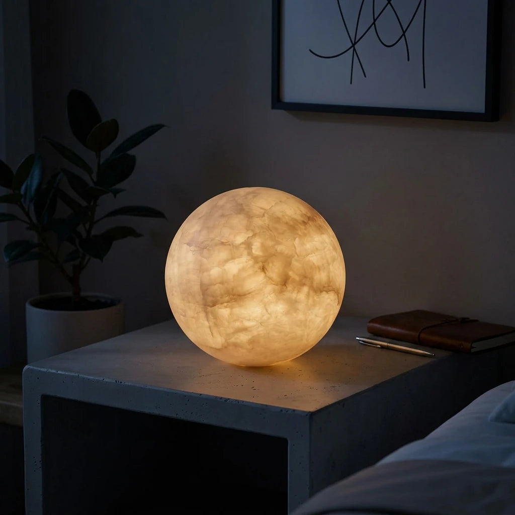 Citylumi Moonlight Orb - Handcrafted Natural Spanish Alabaster Night Light, Wireless Rechargeable Tap-Control Ambient Lamp for Bedside & Zen Decor